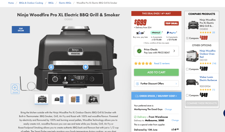 The Good Guys: Ninja Woodfire Pro XL Electric BBQ Grill & Smoker (OG850) – $699 -> $674 with Price Beat
